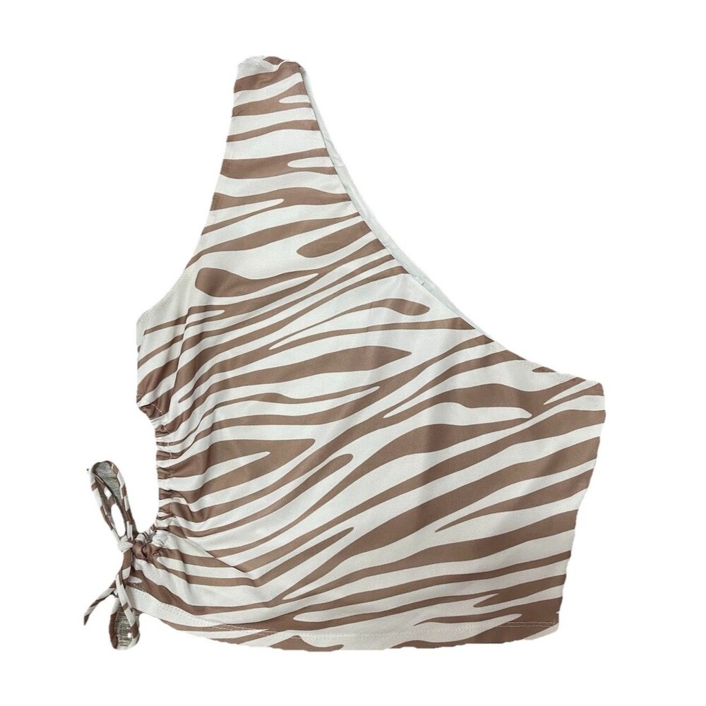 Princess Polly One-Shoulder Zebra Print Tank Top in Cream and Brown